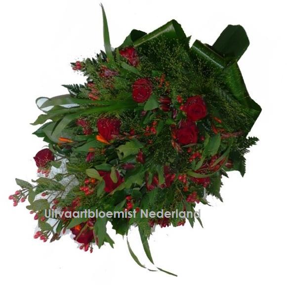 Rouwboeket rode rozen met groen ( UB 112 )